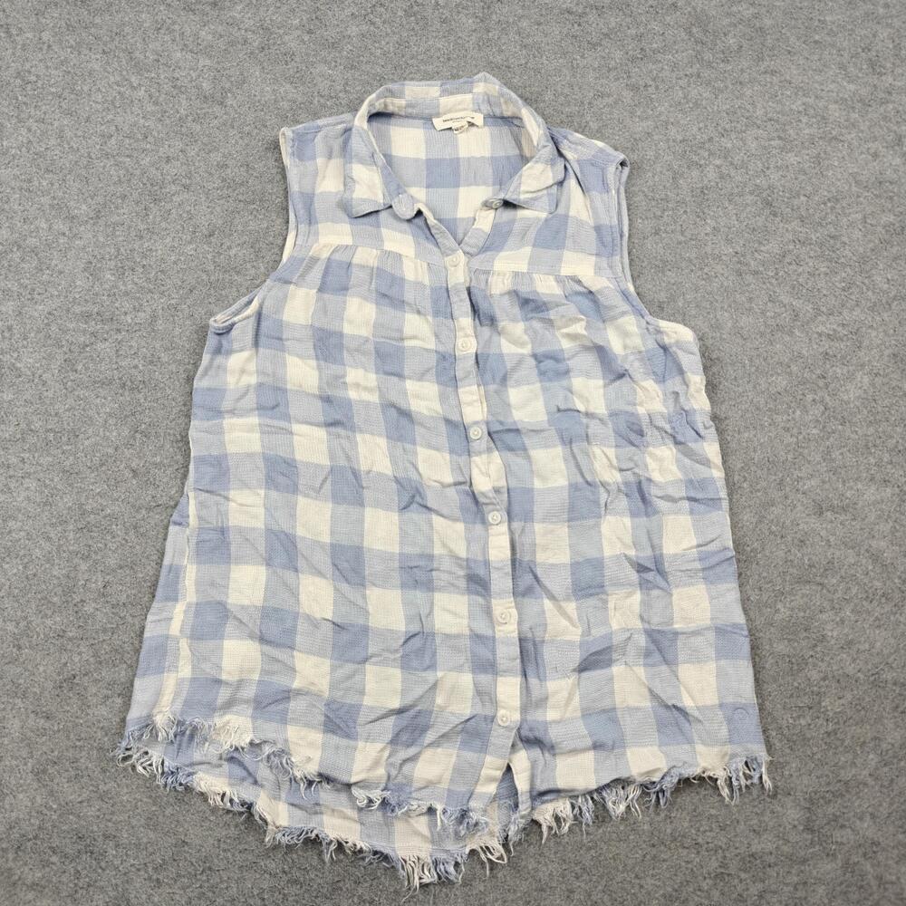 Beachlunchlounge Button Up Womens Large Blue Check Sleeveless Collared Fringe